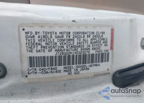 1999 Toyota Camry Le z USA, uszkodzony, nr VIN JT2BG22K1X0323278